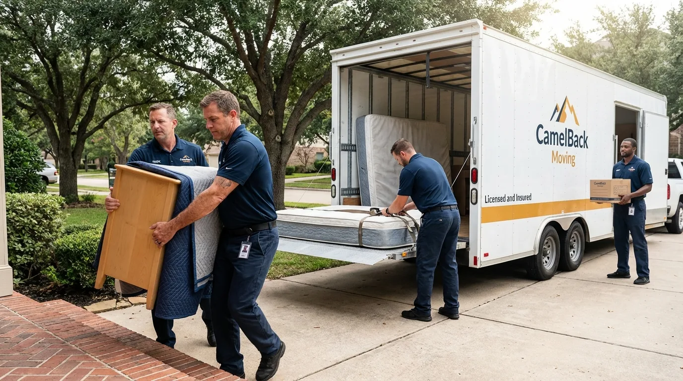 Crew loading residential truck for cross-state move from Conroe, TX