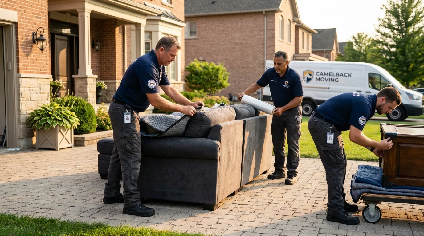 Large estate moving crew wrapping furniture in Conroe, TX