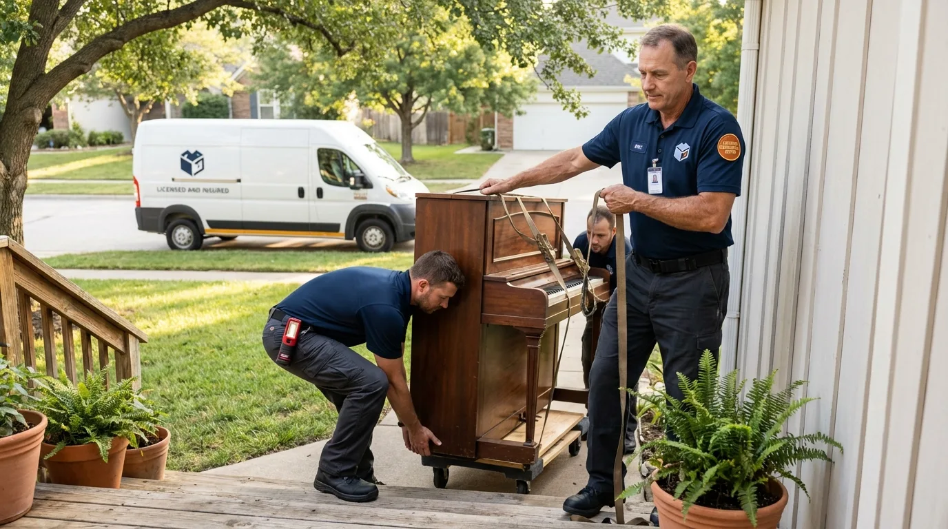 Licensed piano movers securing grand piano in Conroe, TX