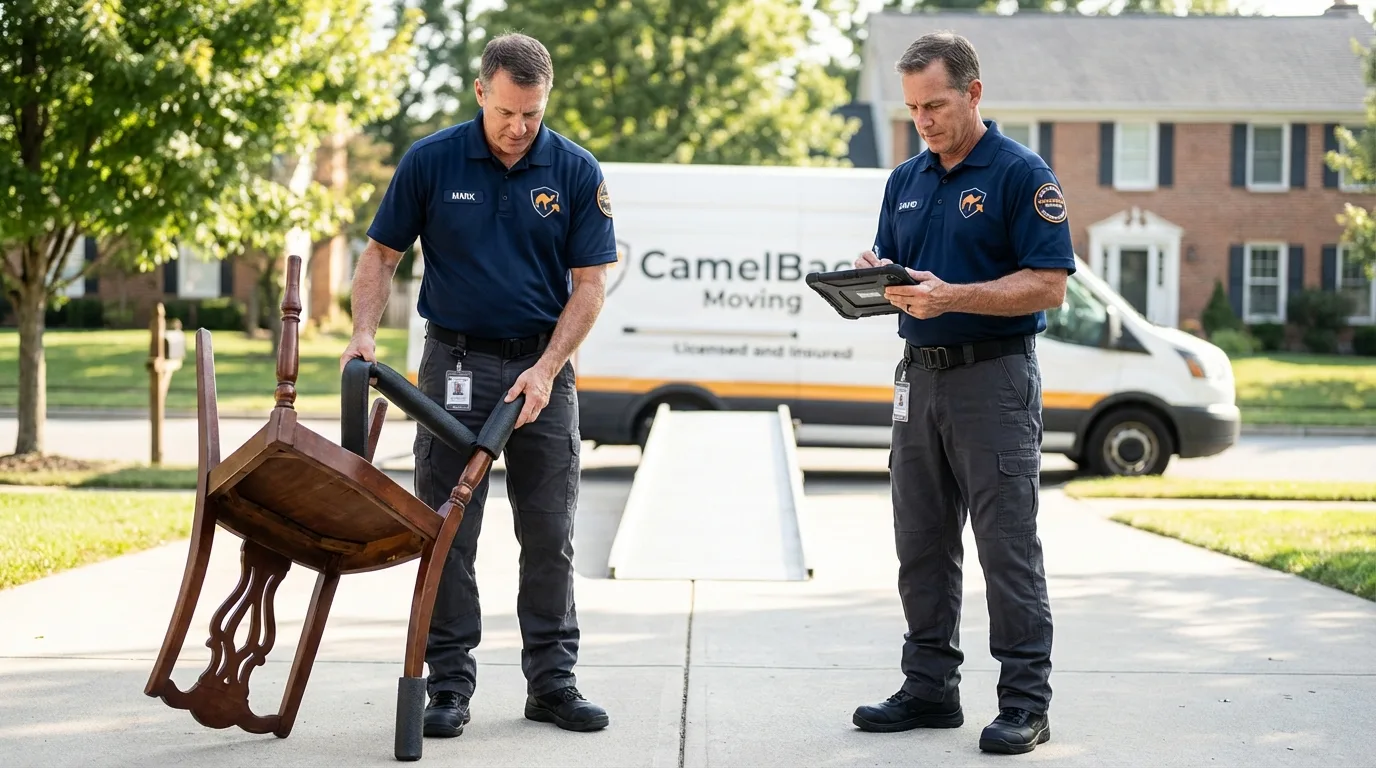 Movers inspecting furniture for damage prevention before loading in Conroe, TX